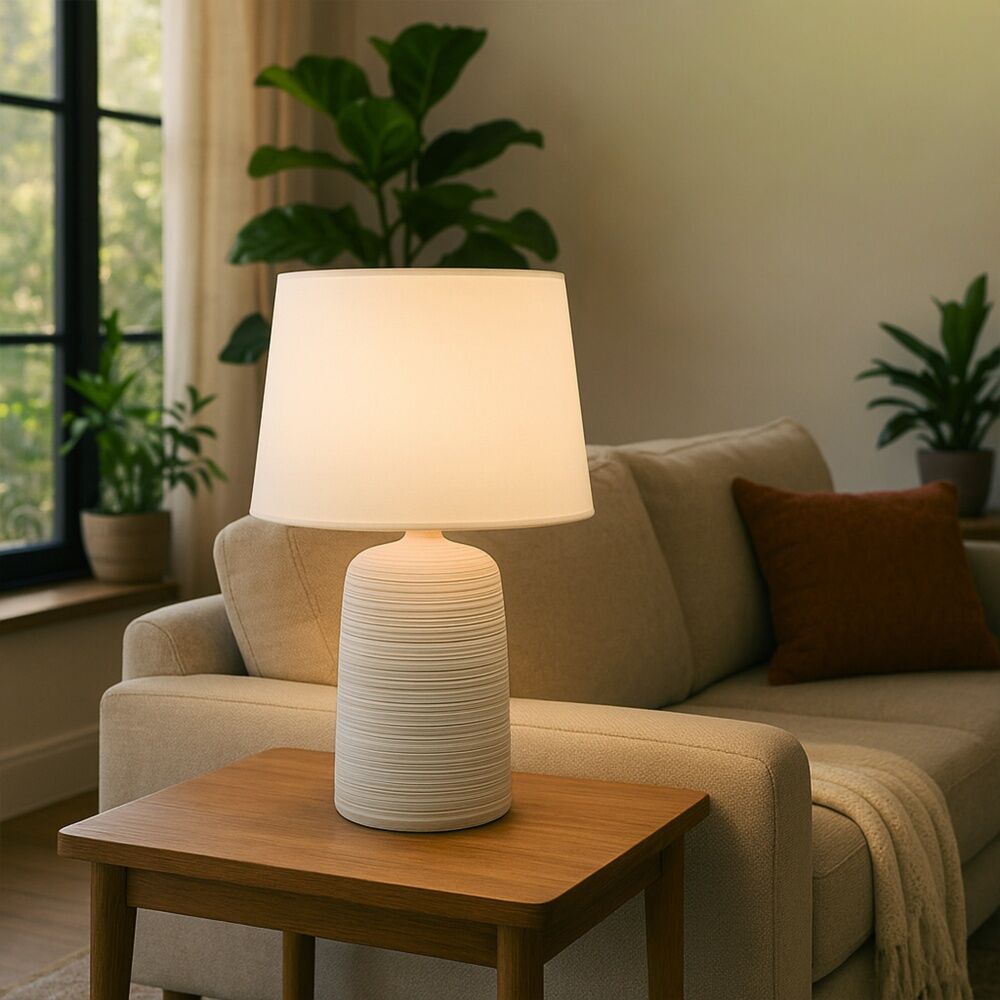 Urban Style Keira Table Lamp Cream Ceramic Base Linear Texture Fabric Drum Shade Inline Switch E27 Fitting Cream — image 4