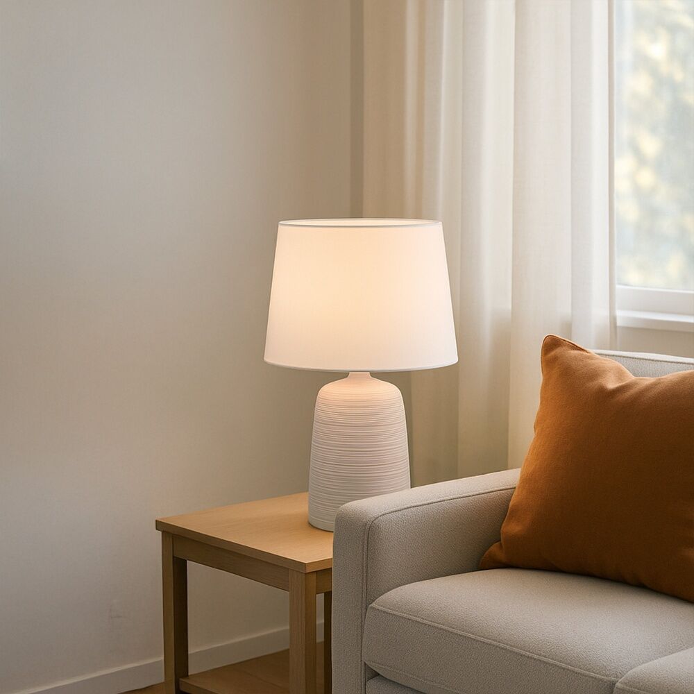Urban Style Keira Table Lamp Cream Ceramic Base Linear Texture Fabric Drum Shade Inline Switch E27 Fitting Cream — image 3