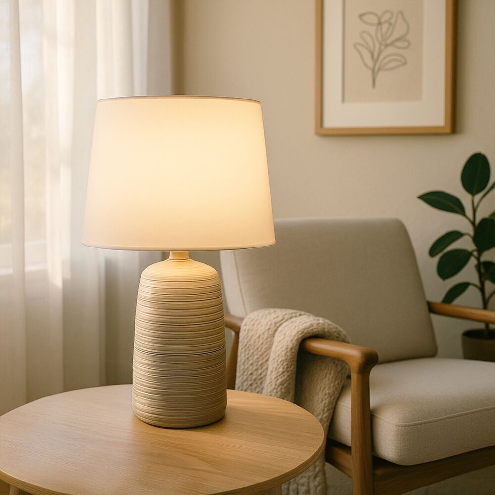 Urban Style Keira Table Lamp Cream Ceramic Base Linear Texture Fabric Drum Shade Inline Switch E27 Fitting Cream — image 2