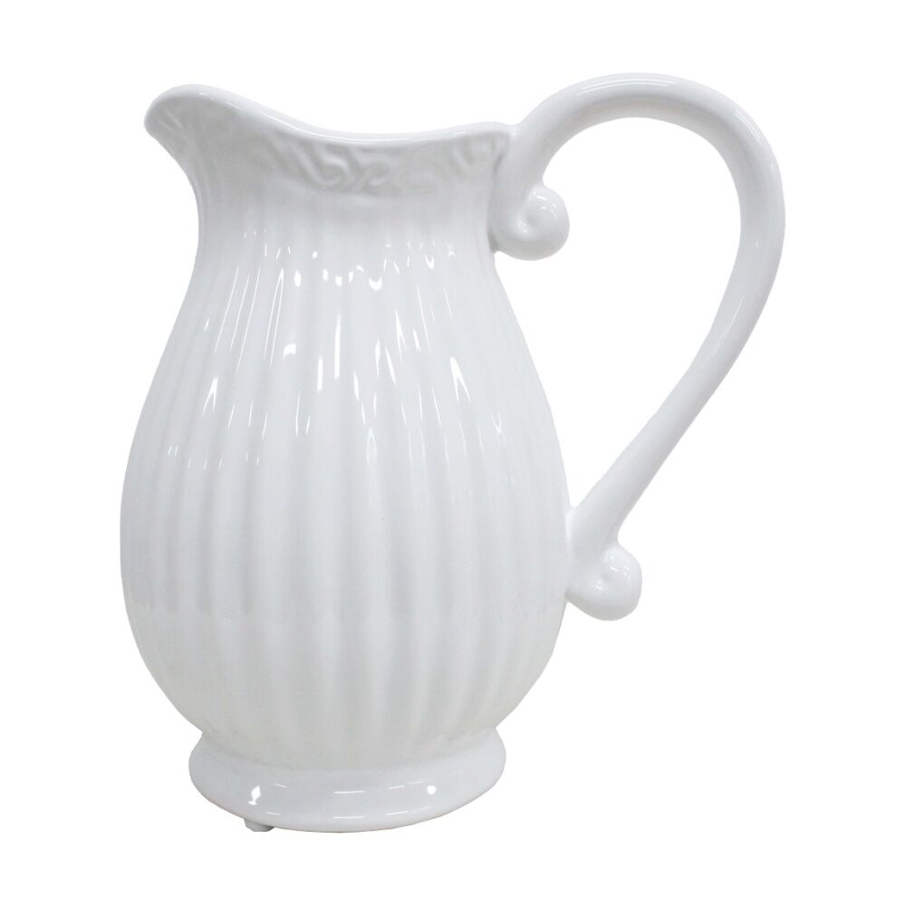 LVD 20x20x15cm White Provincial Ceramic Ribbed Jug/Vase Home/Garden Decor