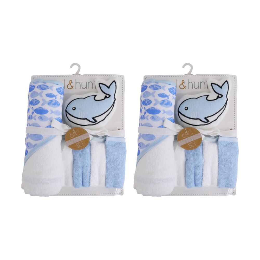 LVD 6pc LVD Kids Bathtime Hooded Bath Towel Washcloths and Sponge Set Whale (2 Pack)