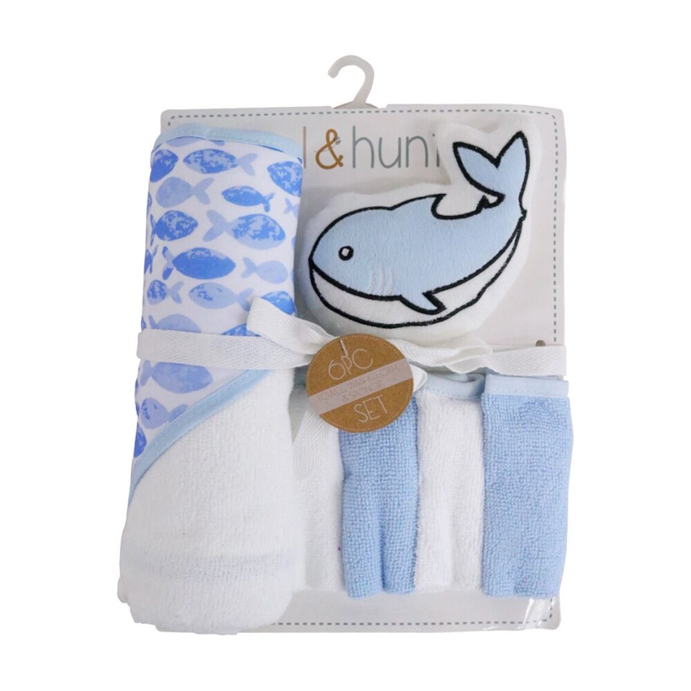 LVD 6pc LVD Kids Bathtime Hooded Bath Towel Washcloths and Sponge Set Whale (2 Pack) — image 2
