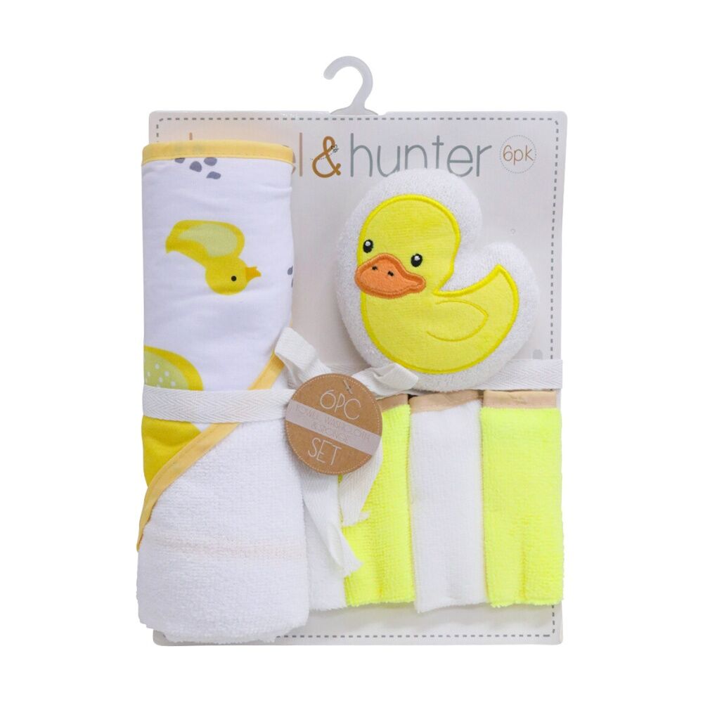 LVD Kids Bathtime Hooded Bath Towel Washcloths and Sponge Set Duck (6 Pieces)