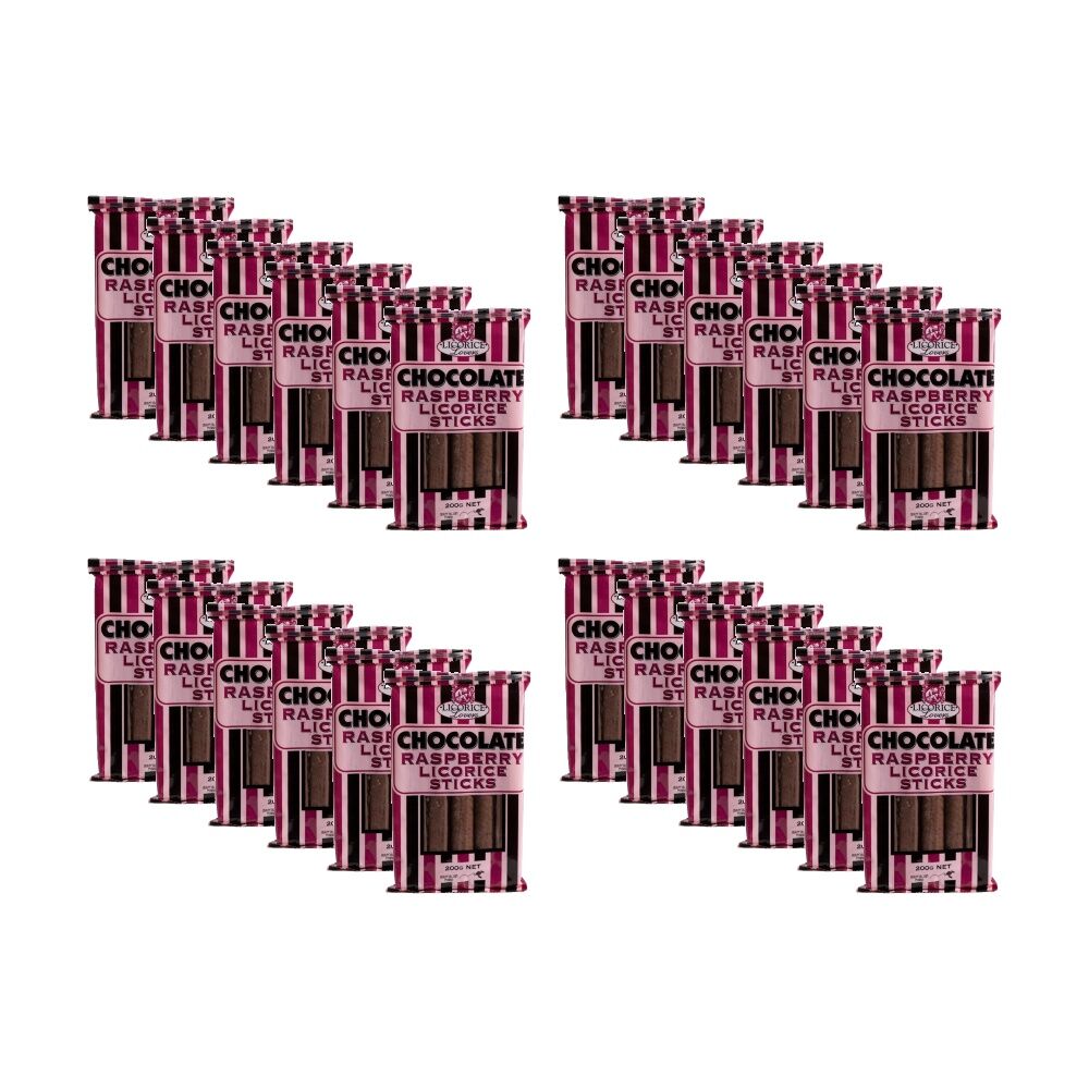 Licorice Lovers Chocolate Raspberry Liquorice Sticks Confectionary 200g (24 Pack)