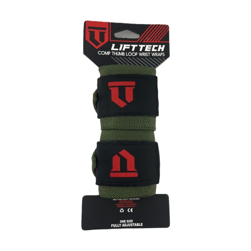 Lift-Tech 2pc Lift-Tech Comp Elastic Support Wrist Wrap Army Green 18in w/ Thumb Loop (2 Pack) — image 2