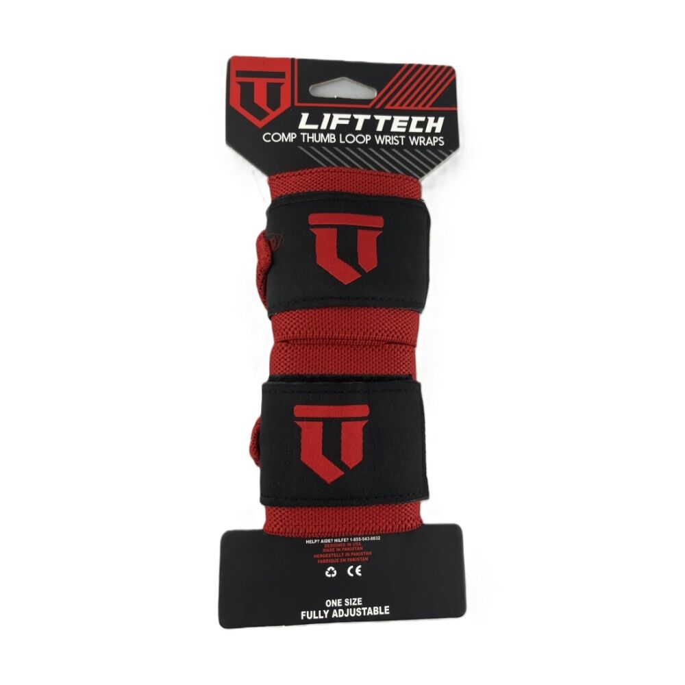 Lift-Tech Comp Elastic Support Wrist Wrap Red 18in w/ Thumb Loop (2 Pieces)