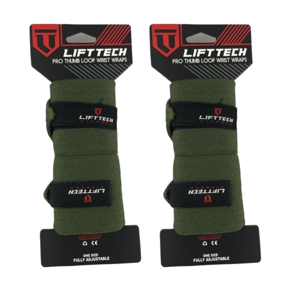 Lift-Tech 2pc Lift-Tech Pro Thumb Loop Wrist Support Adjustable Wrap Army Green 20in (2 Pack)