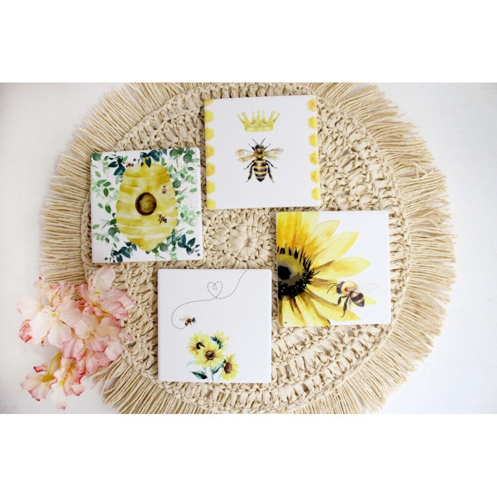 LVD 4pc LVD Decorative Honey Bee Ceramic Square Drink Coasters Home Decor 10x10cm (2 Pack) — image 3