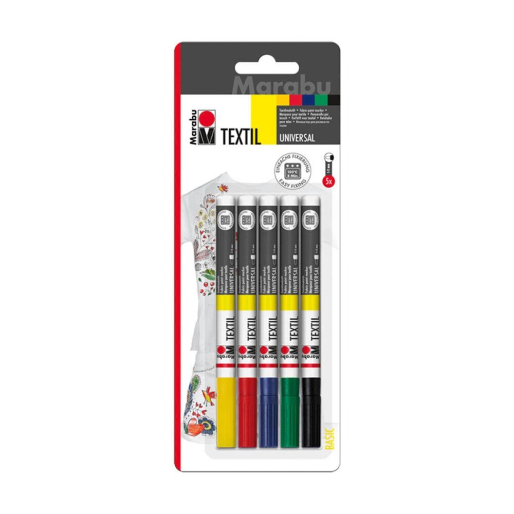 Marabu Textil Painter Multicolour Art & Craft Fabric Pen Markers 1-2mm Fine (5 Pieces)