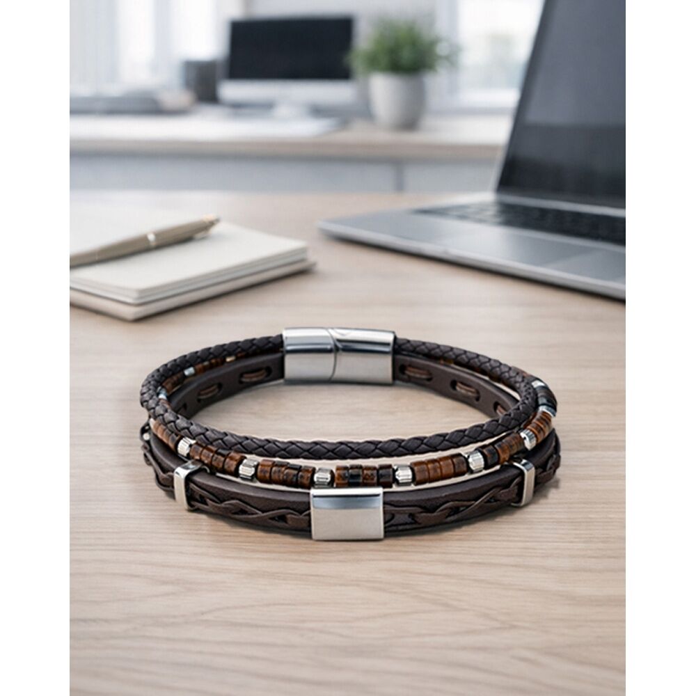 Men's Republic Multi Leather Bracelet With Stainless Steel Modern Layered Design Size 15cm — image 2