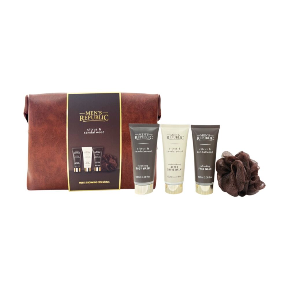 Men's Republic Grooming Kit Faux Leather Toiletry Bag Body Face Wash (5 Pieces)