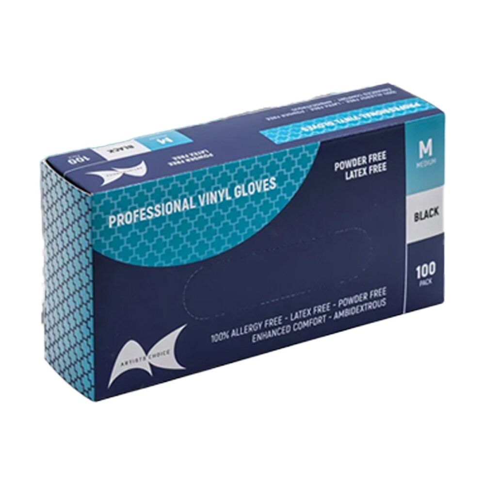 Artists Choice Vinyl Gloves Powder Free Latex Medical Black Medium (100 Pieces)