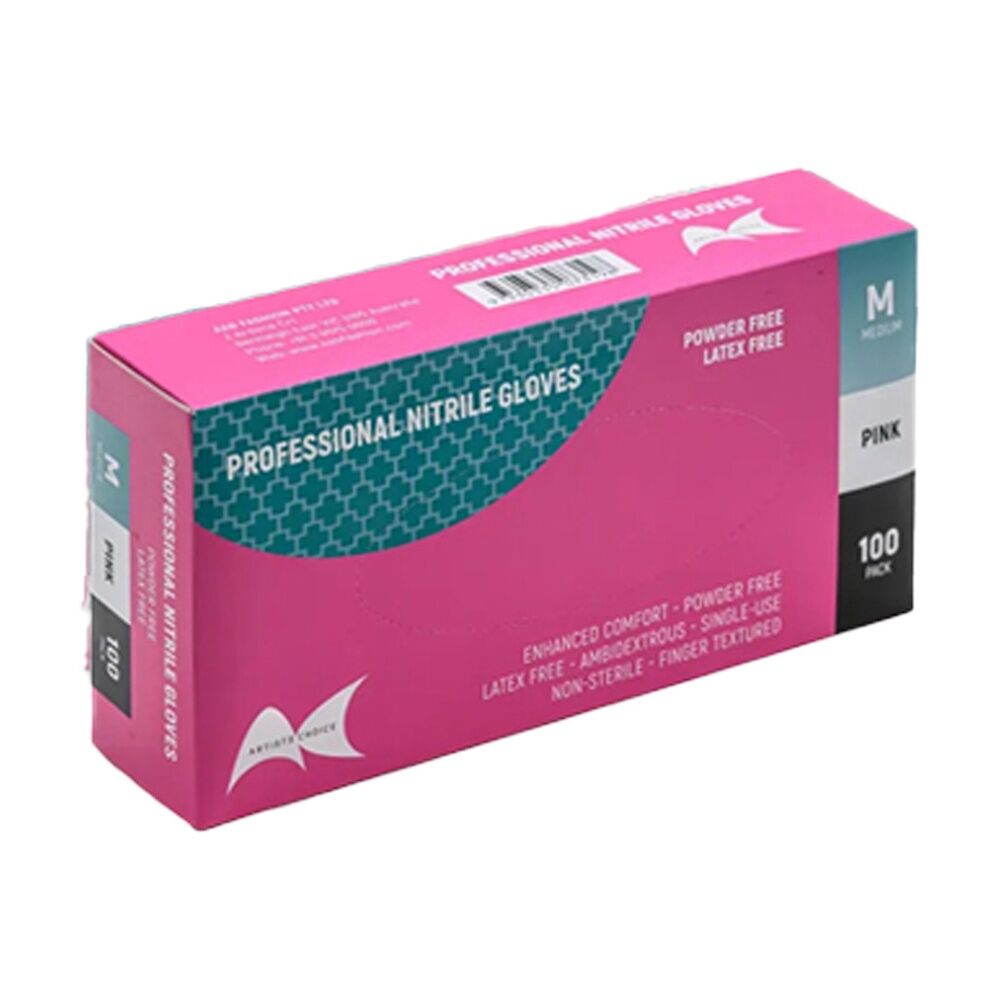 Artists Choice Nitrile Gloves Powder Free Latex Textured Pink Medium (100 Pieces)