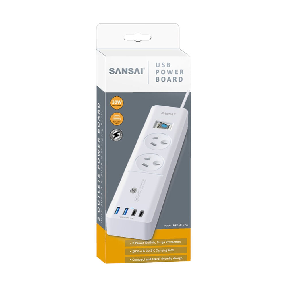 Sansai 2 Outlet Powerboard With USB a And C Ports 30W USB Output 1m Cord
