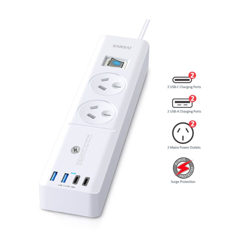Sansai 2 Outlet Powerboard With USB a And C Ports 30W USB Output 1m Cord — image 3