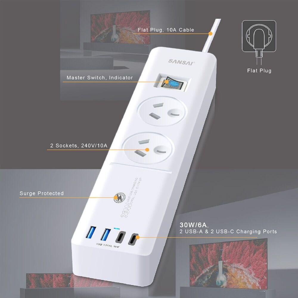 Sansai 2 Outlet Powerboard With USB a And C Ports 30W USB Output 1m Cord — image 4
