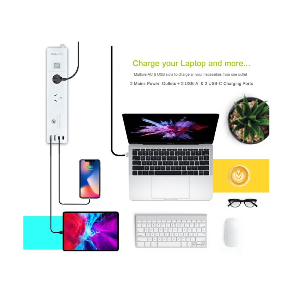 Sansai 2 Outlet Powerboard With USB a And C Ports 30W USB Output 1m Cord — image 5