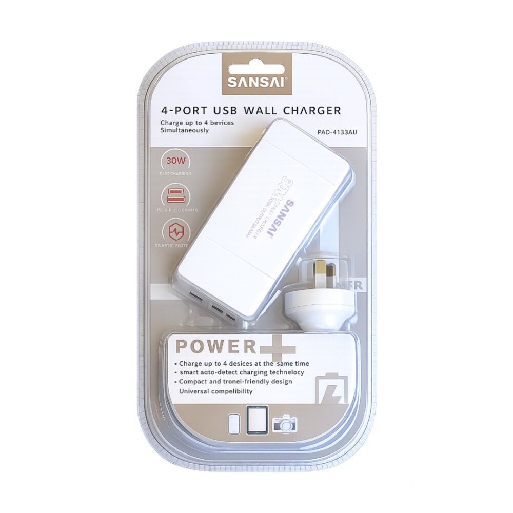 Sansai 4 Port USB a And C Charging Station 30W Total Output 1.5m Side Insert
