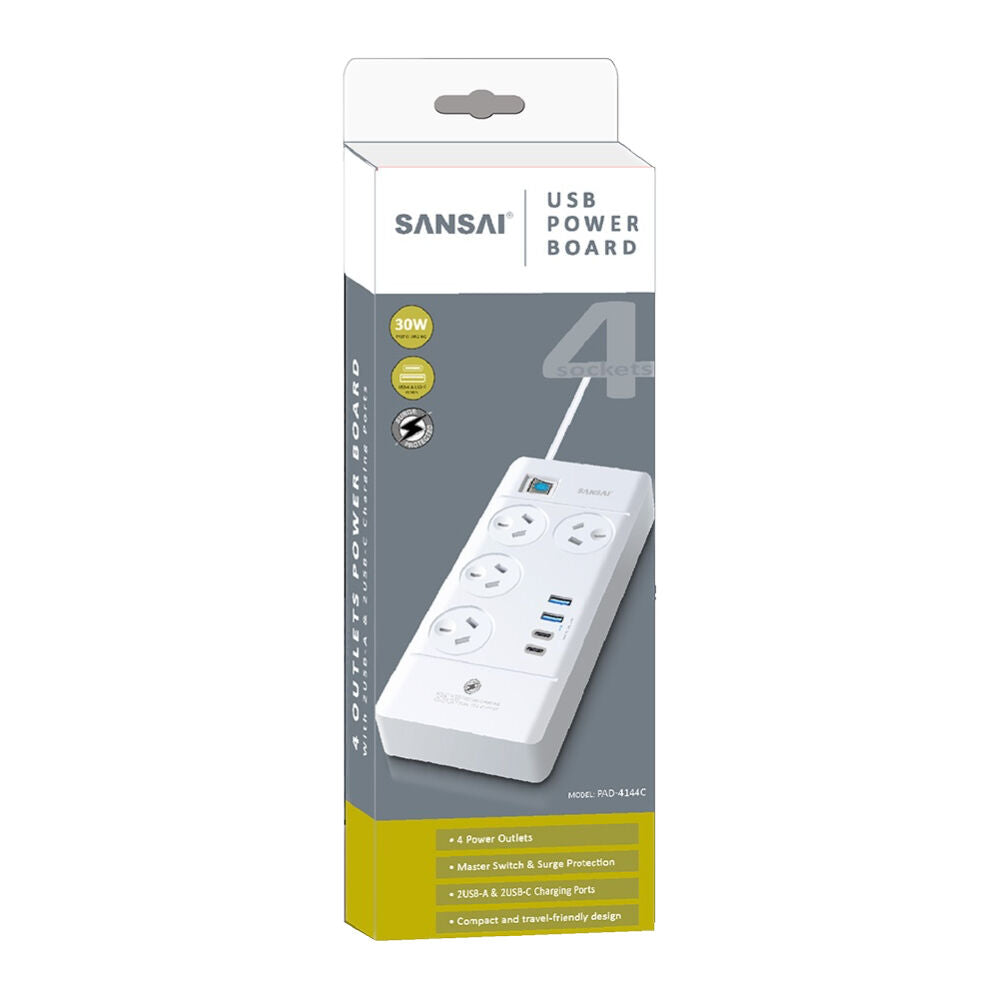 Sansai 4 Outlet Powerboard With USB a And C Ports 30W USB Output 1m Cord
