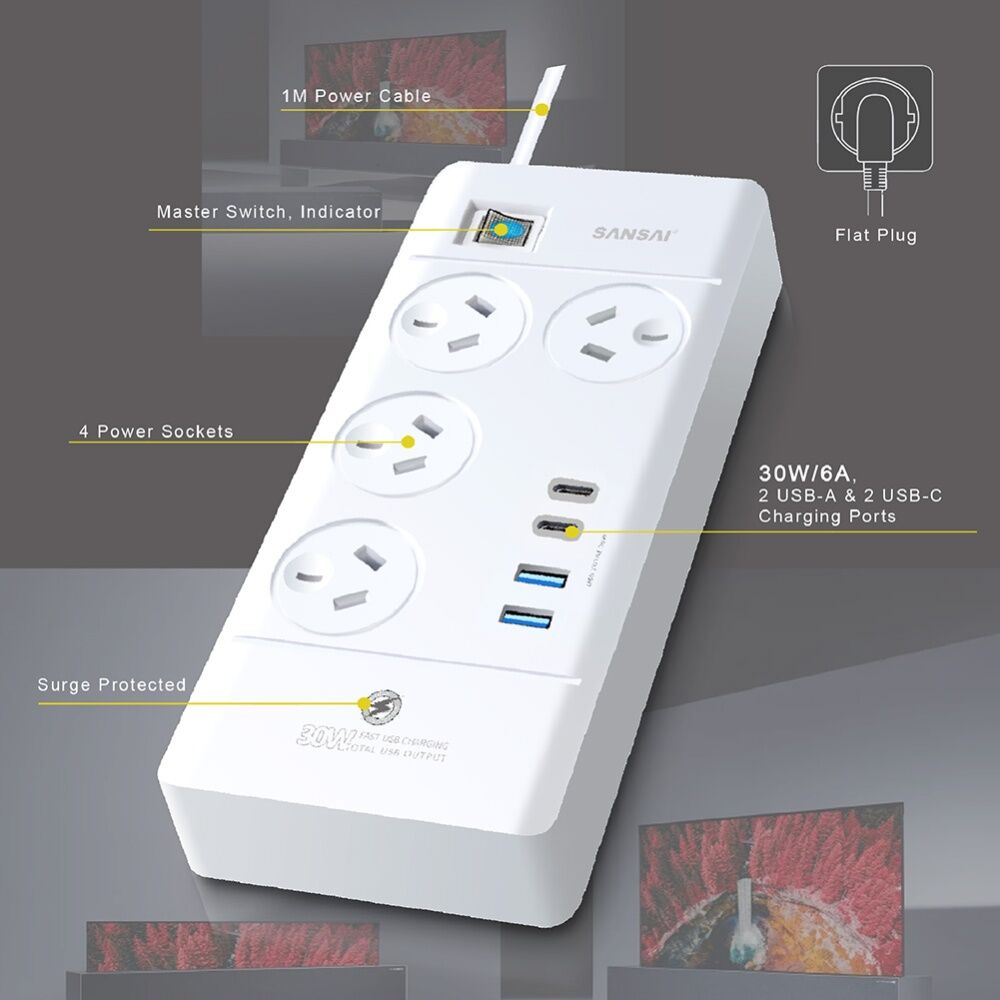 Sansai 4 Outlet Powerboard With USB a And C Ports 30W USB Output 1m Cord — image 5