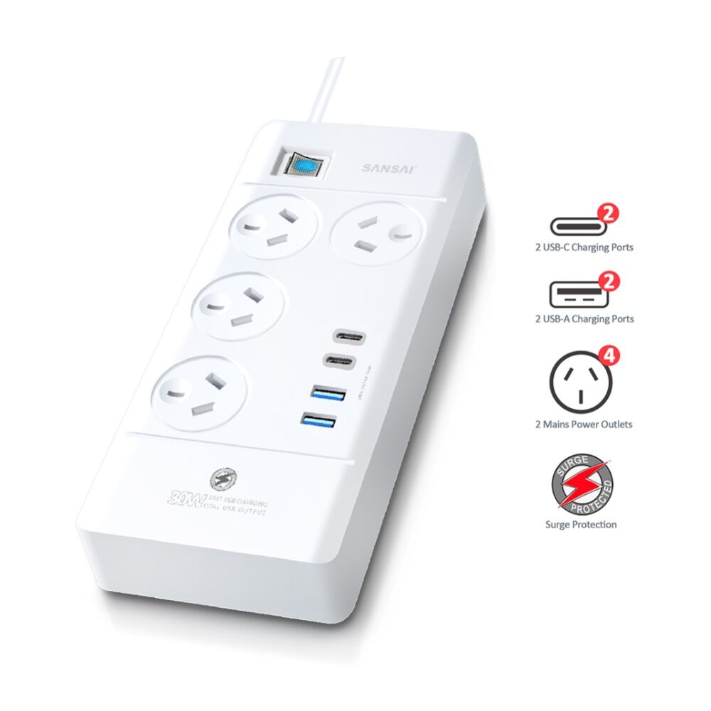 Sansai 4 Outlet Powerboard With USB a And C Ports 30W USB Output 1m Cord — image 4