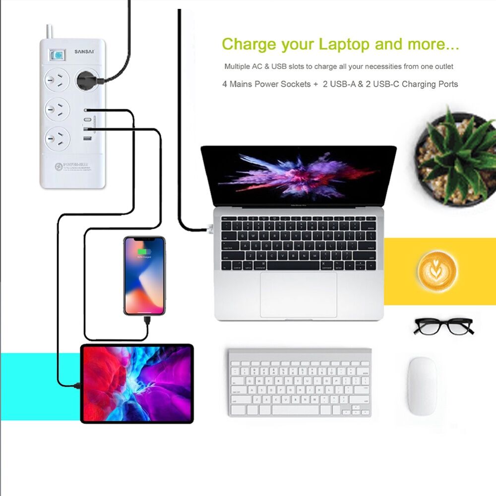 Sansai 4 Outlet Powerboard With USB a And C Ports 30W USB Output 1m Cord — image 6