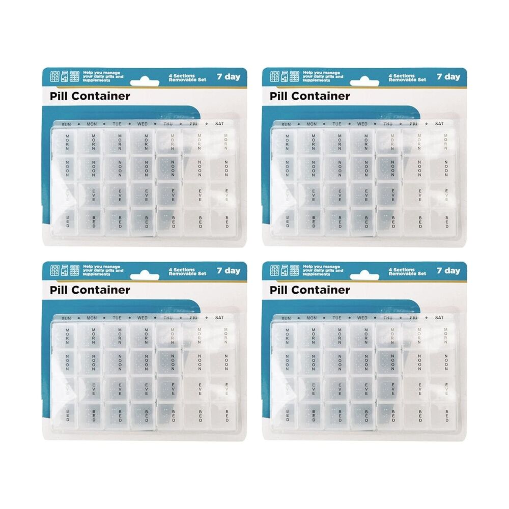 Braz 7 Day & 4 Section Organiser Pill Box Set w/ Labelled Compartments Clear (4 Pack)