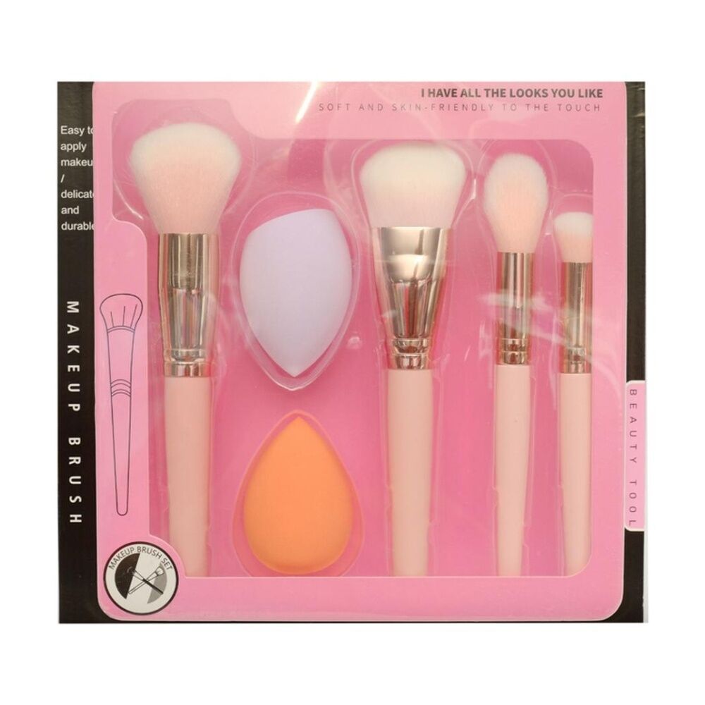 Braz Makeup Brush & Sponge Set w/ Soft Fluffy Bristles Pink/White (6 Pieces) — image 2
