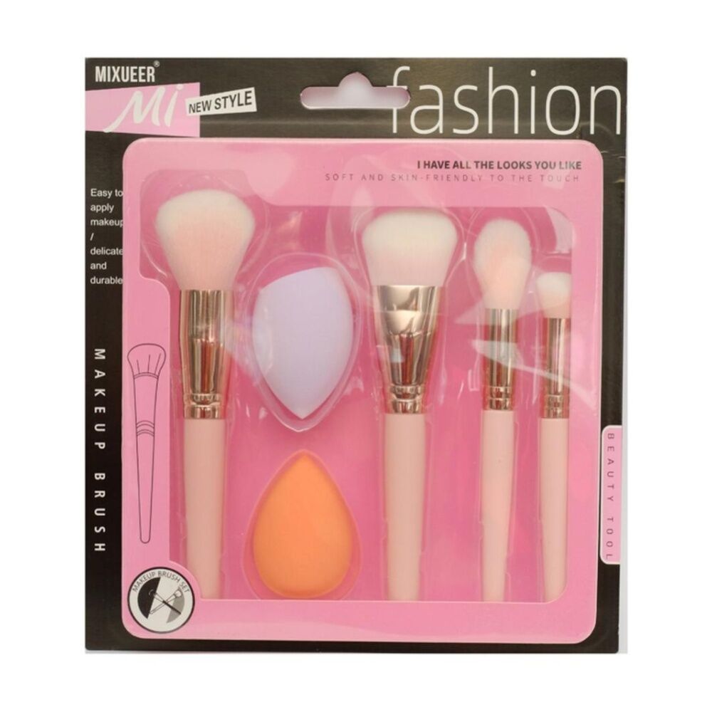 Braz Makeup Brush & Sponge Set w/ Soft Fluffy Bristles Pink/White (6 Pieces)