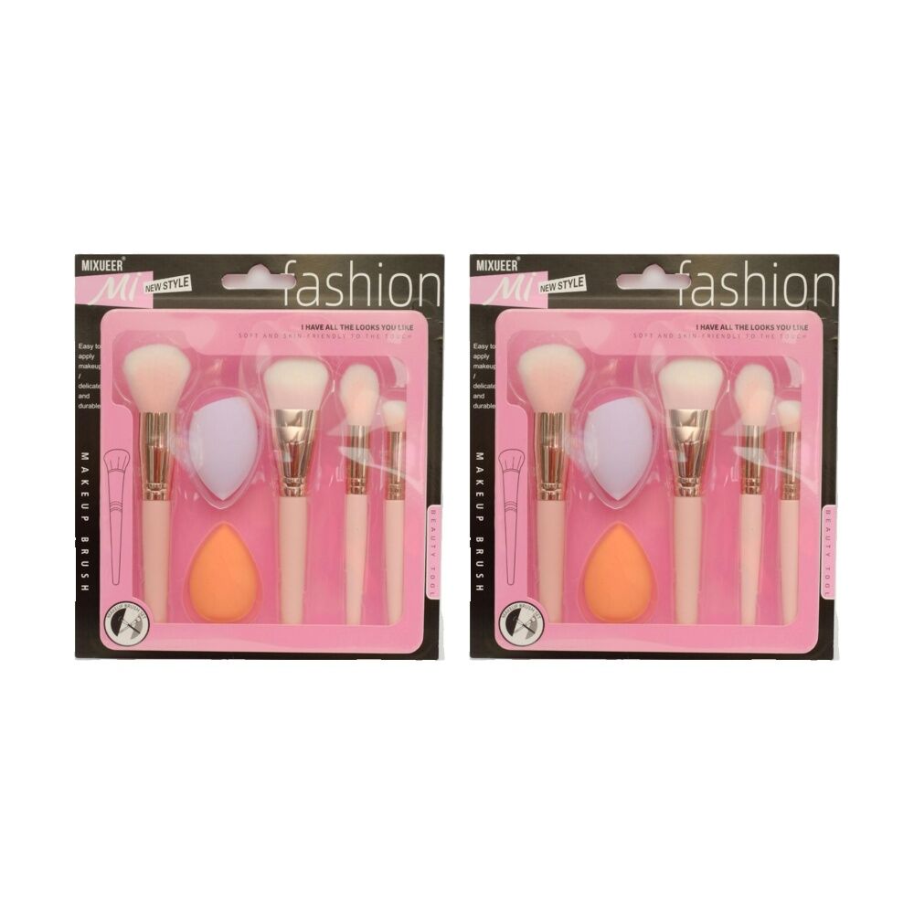 Braz 6pc Braz Makeup Brush & Sponge Set w/ Soft Fluffy Bristles Pink/White (2 Pack)