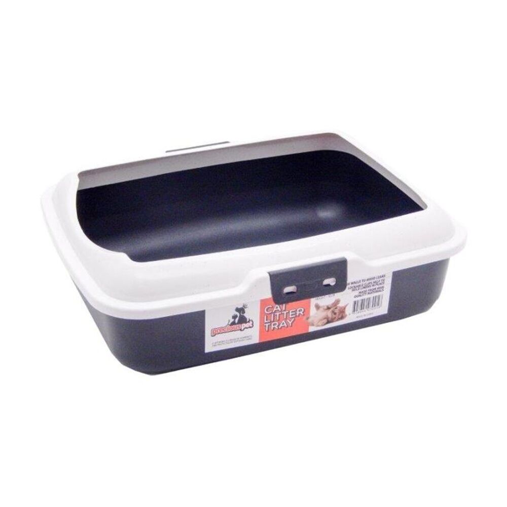 Braz White/Black Plastic Rectangular Cat Litter Box w/ Rim & Small Entrance