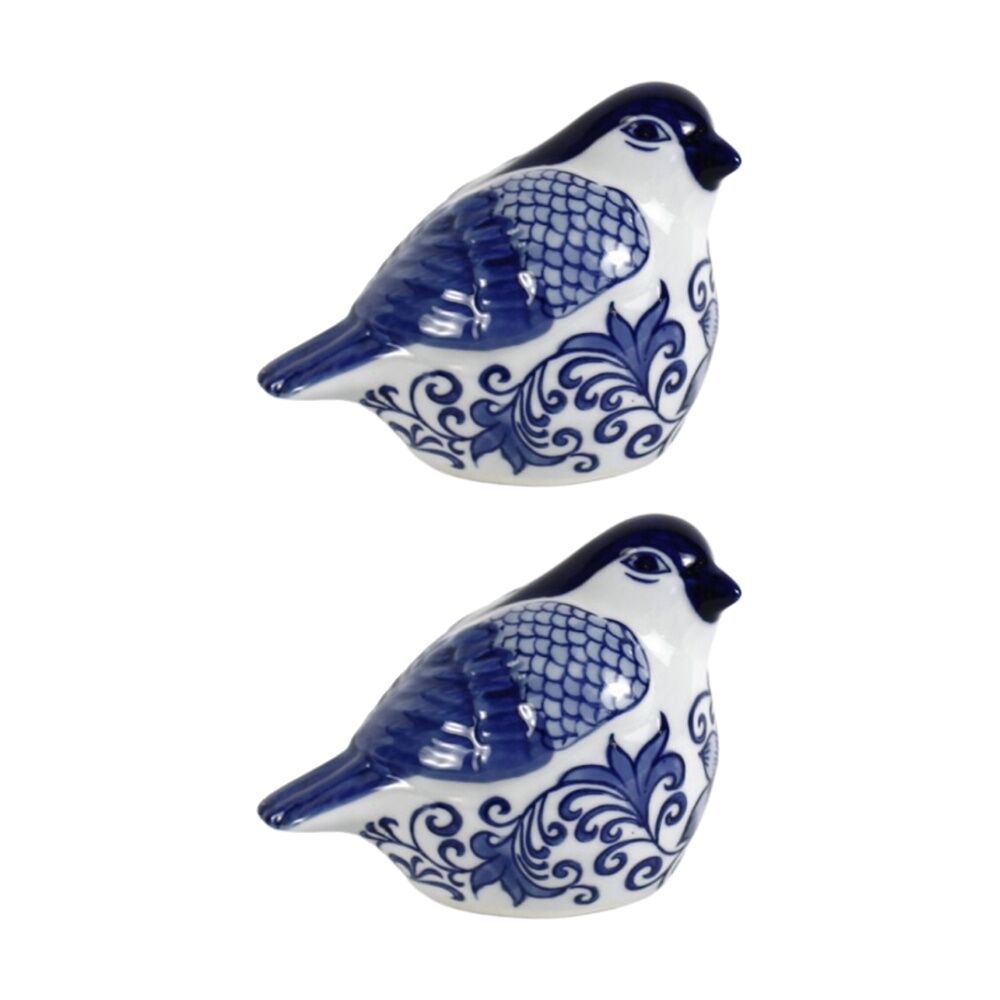 Bronrob Ceramic Blue/White Floral Print Garden Songbird Farmhouse Decor 14cm (2 Pack)