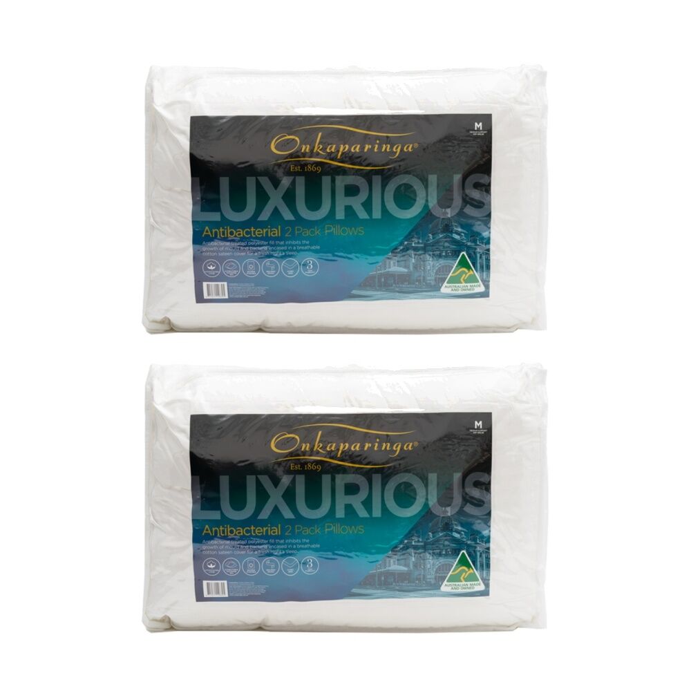 Onkaparinga 2pc Onkaparinga Luxury Antibacterial Pillows Cotton Sateen Cover Breathable (2 Pack)