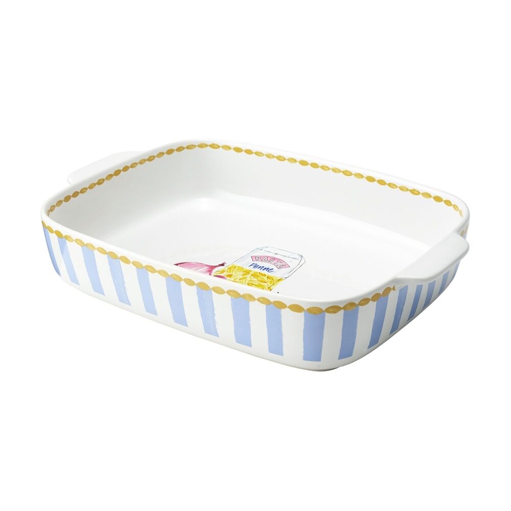 Porto Valentina Large Baker 38X27X7Cm - Rectangular Ceramic Baking Dish with Blue Stripes and Gold Rim