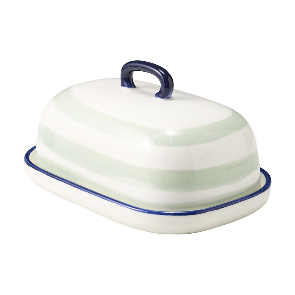Porto 18x12.5x10cm Sable Kitchen Butter Dish White & Sage Green Stripe