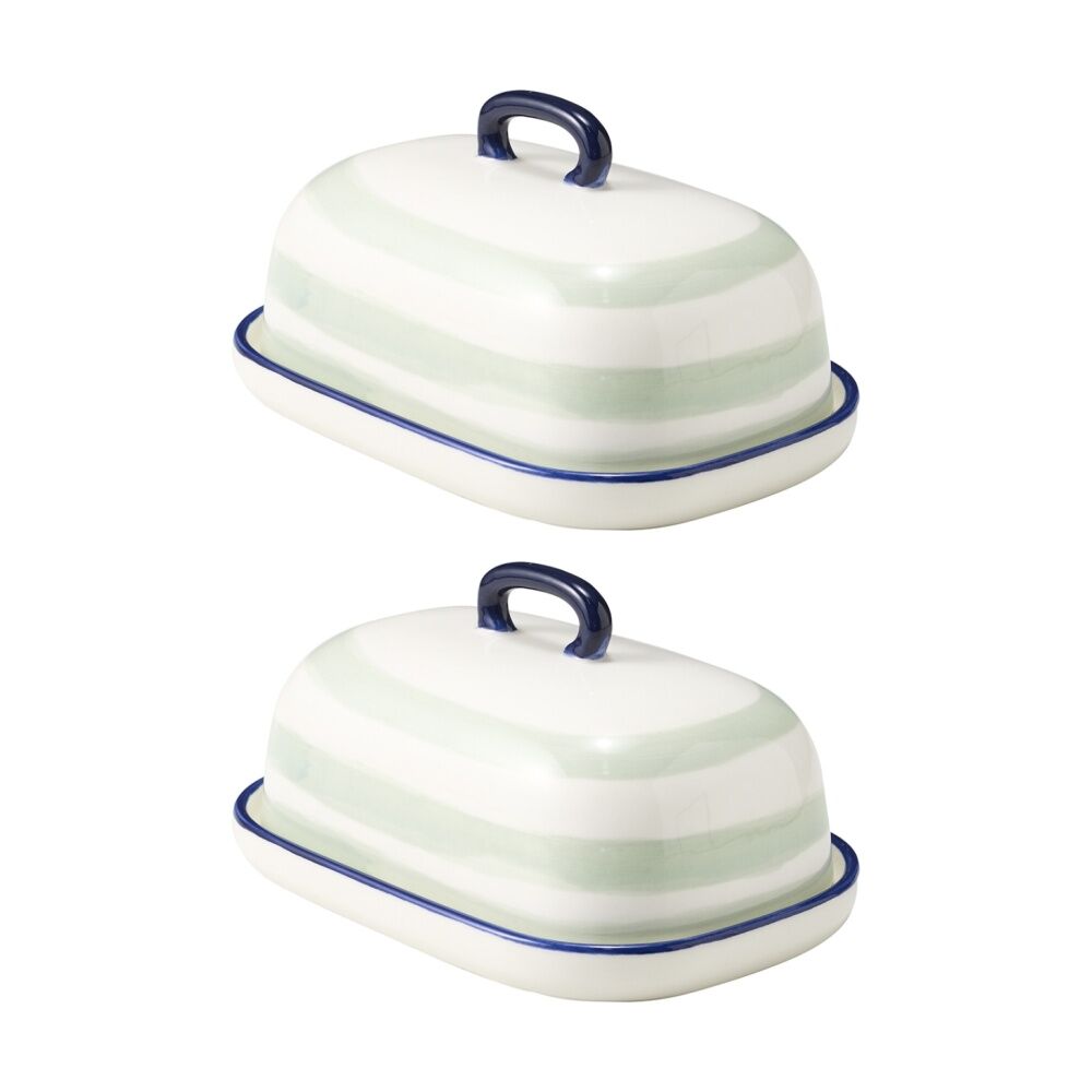 Porto Sable Kitchen Butter Dish White & Sage Green Stripe 18x12.5x10cm (2 Pack)