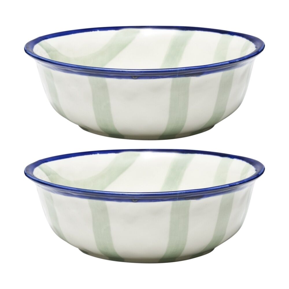 Porto Sable Kitchen Serving Bowl White & Sage Green Stripe 25cm (2 Pack)