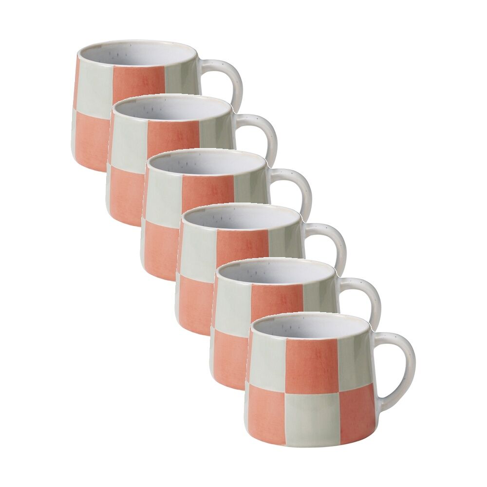 Porto Carnevale Stoneware Coffee Mug Green/Pink Checkers 320ml (6 Pack)