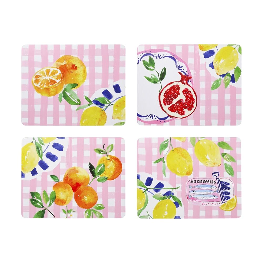 Porto Positano Inspired/Pink Check w/ Lemons Dinner Placemats 34x26.5cm (4 Pieces)