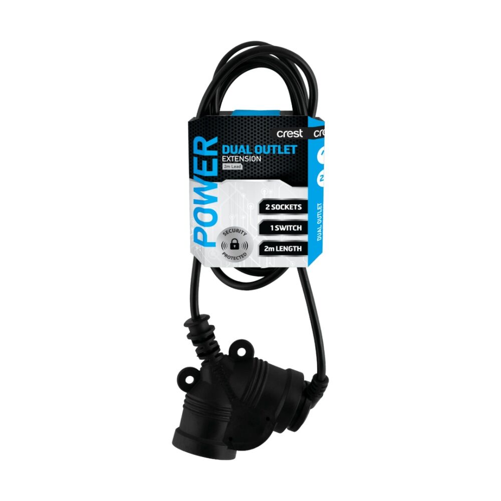Crest 2 Socket Master Switch Dual Outlet Extension Lead 2m - Power Extension with Master Switch and Right Angle Plug Black 2m