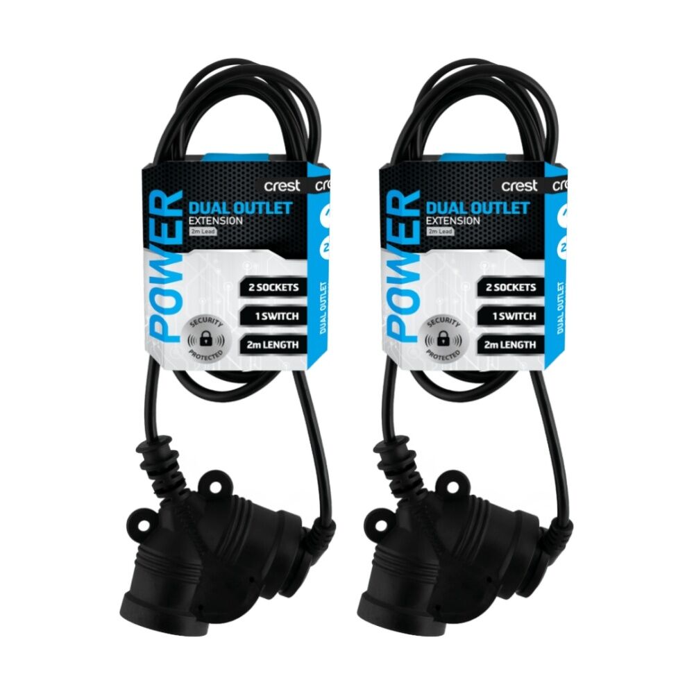 Crest 2 Socket Master Control Switch Dual Outlet AU/NZ Plug Black 2m (2 Pack)