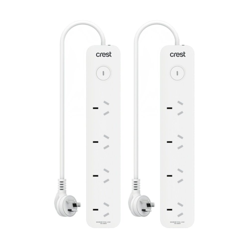 Crest 4 Socket Switch Surge Protector AU/NZ Plug Power Board White 90cm (2 Pack)