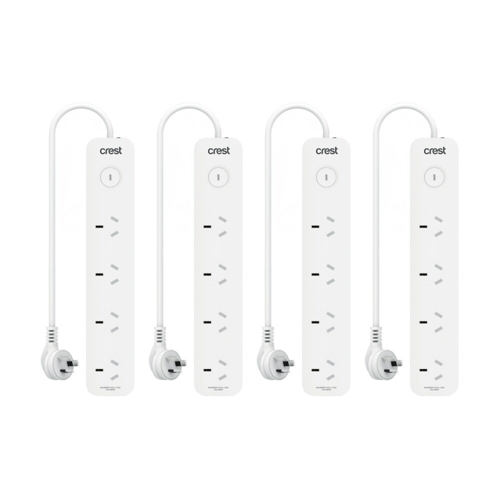 Crest 4 Socket Switch Surge Protector AU/NZ Plug Power Board White 90cm (4 Pack)