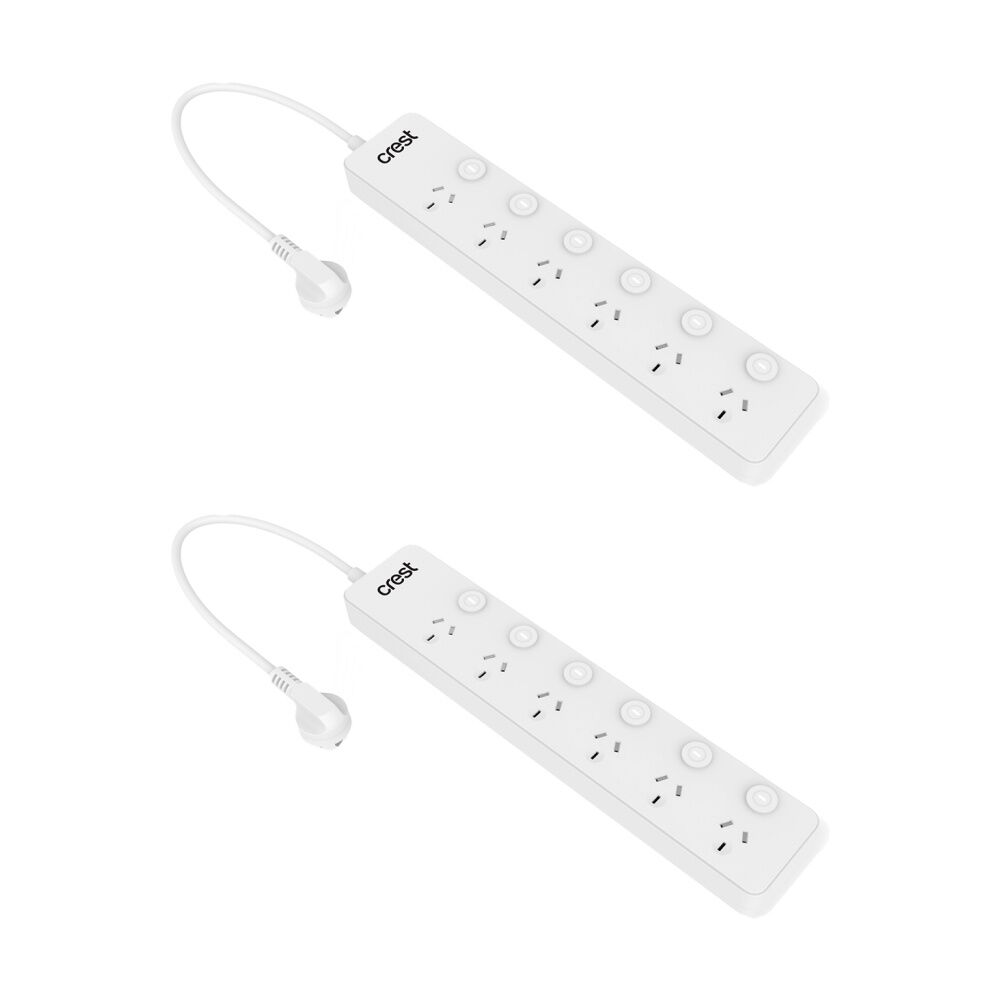 Crest 6 Socket Switched Surge Protection Power Board AU/NZ Plug White 1m (2 Pack)