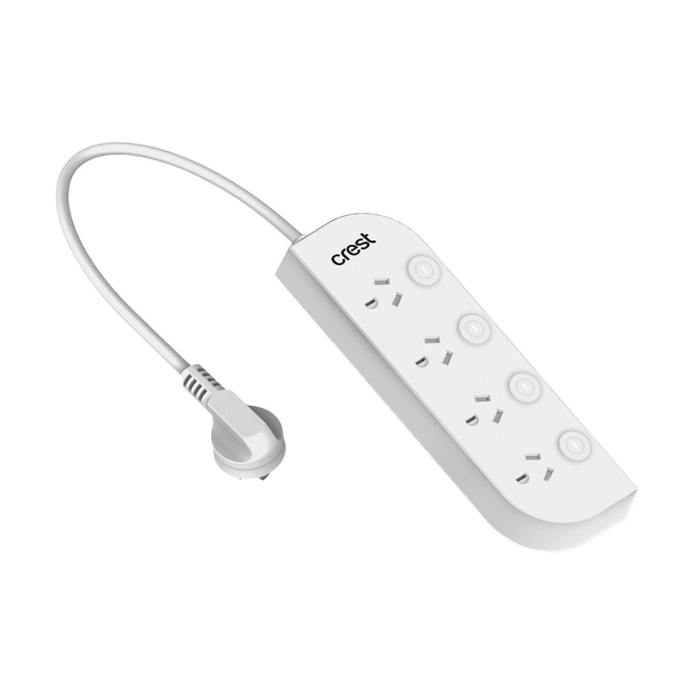 Crest 4 Socket Switched Power Board 1m - Individual LED Switches - Safety Overload Protection - Built-In Wall Mount Slots White 1m