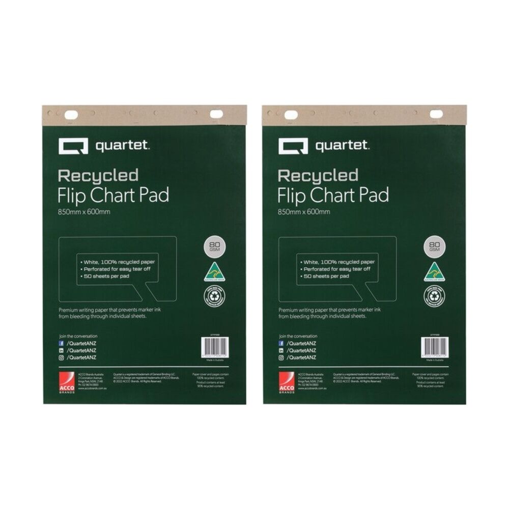 Quartet Flipchart Pad 50 Sheets Recycled Paper 600x850mm White (2 Pack)
