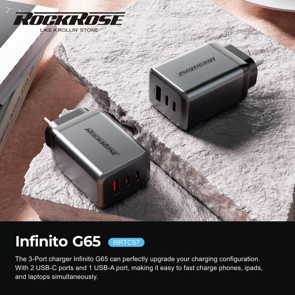 Rockrose RRTC57 Infinito G65 3-Port Fast Charging 65W GaN PD QC 3.0 Power Adapter - Ultra Compact Multi-Protection - Space Grey Color Only 1 Title — image 2