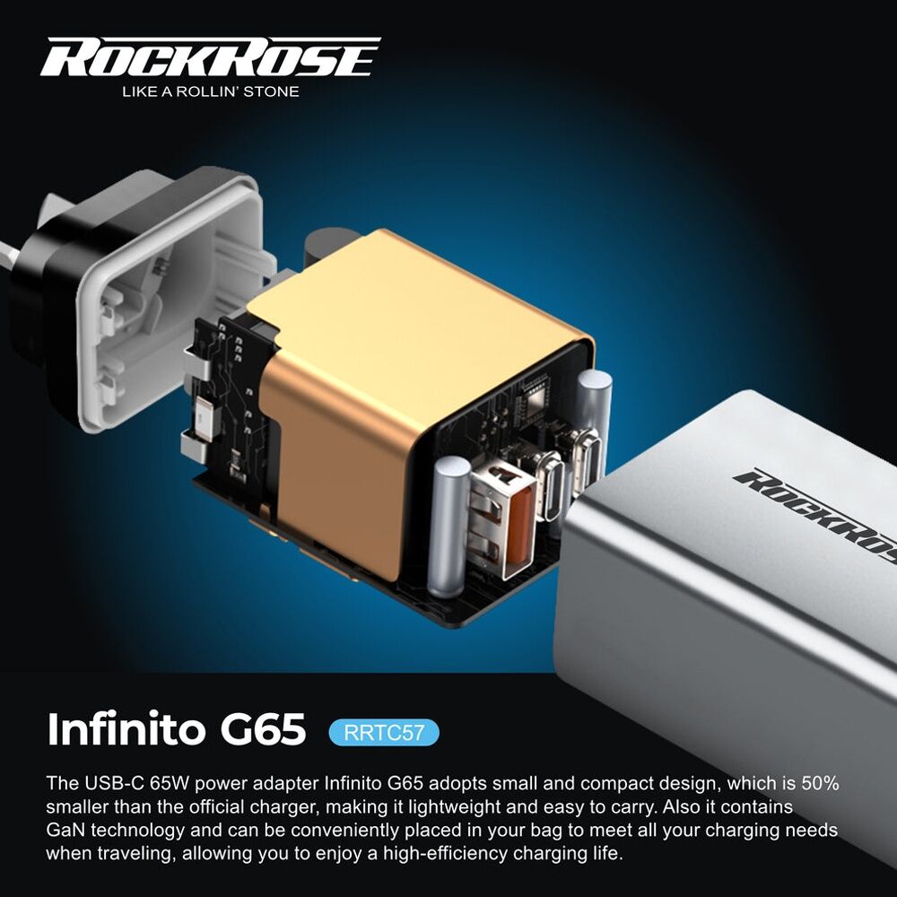 Rockrose RRTC57 Infinito G65 3-Port Fast Charging 65W GaN PD QC 3.0 Power Adapter - Ultra Compact Multi-Protection - Space Grey Color Only 1 Title — image 5