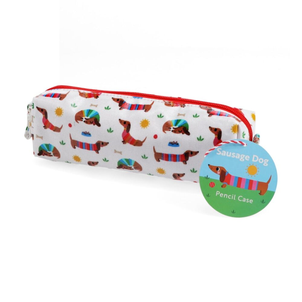 Rex London Pencil Case Stationary Storage Accessory Sunny Sausage Dog - Playful Design - Roomy Interior - Easy To Clean Oilcloth Material - School