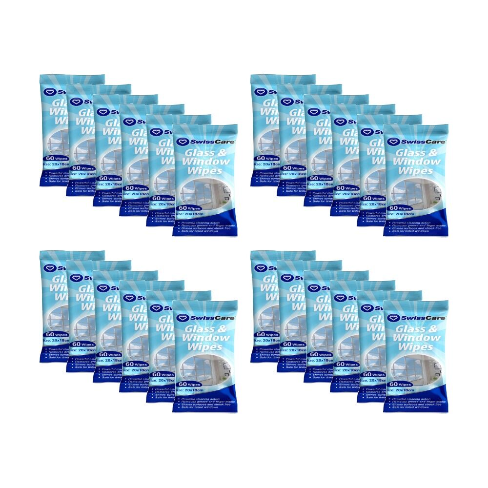 Swisscare 60pc Swisscare Streak Free Glass & Window Cleaning Wipes 20x18cm (24 Pack)